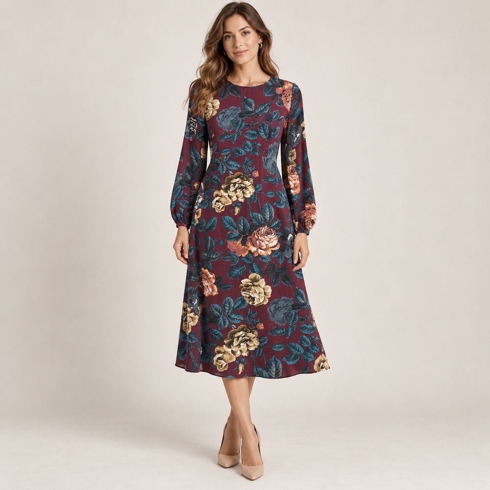 ASOS Midi Dress Women 6 Burgundy Floral Dark Academia Long Sleeve Tea Dress